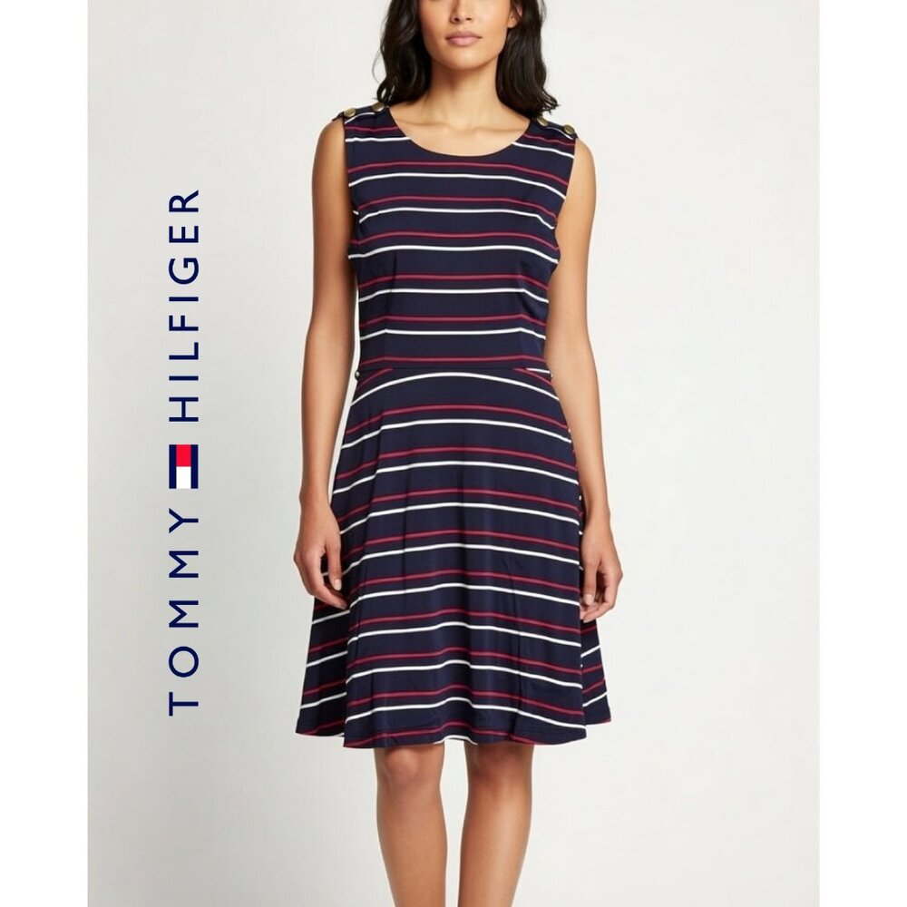 🌟Tommy Hilfiger Nautical Stripe Fit & Flare Dress Navy Red White Size 12 Summer